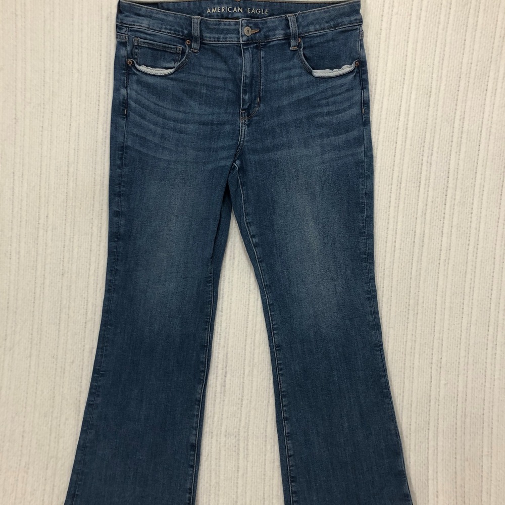 American Eagle High Rise‎ Flare Jeans Medium Wash Blue Denim Women 14 Regular